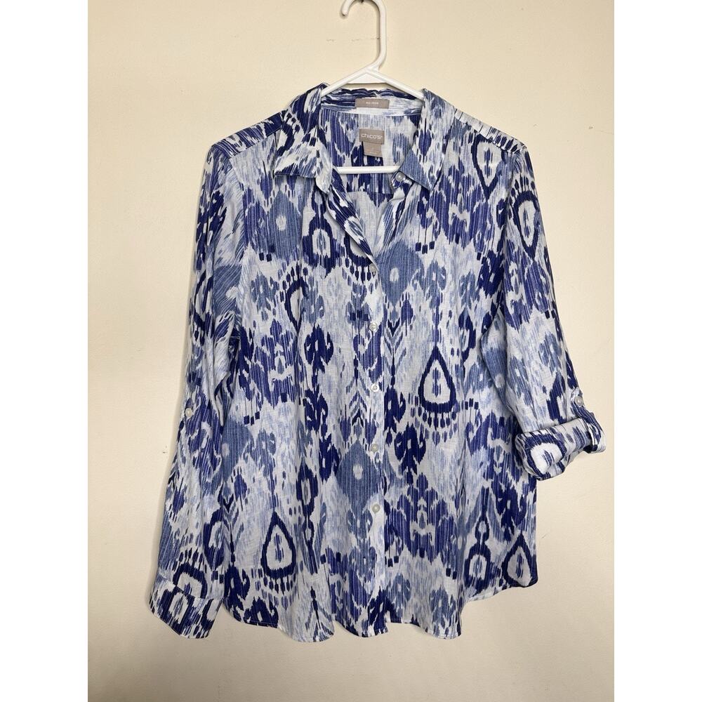 Chicos Size 2 US 12 Linen Blend No Iron Button Front Shirt Ikat Roll Tab Sleeve